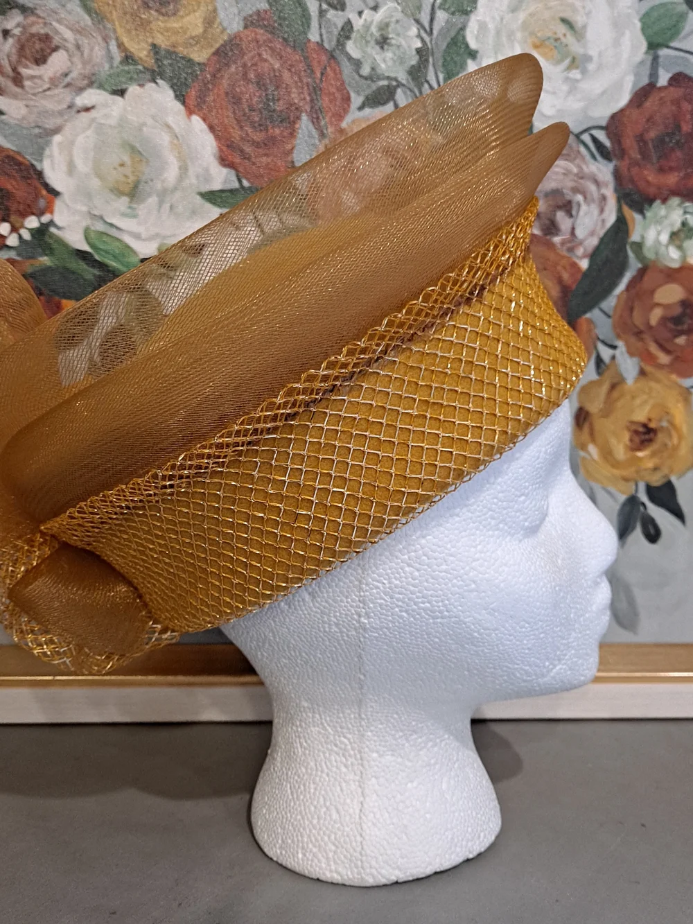 Deborah NY Vintage Wool Gold Fascinator Hat W/Bow Fishnet Mesh Derby High Tea